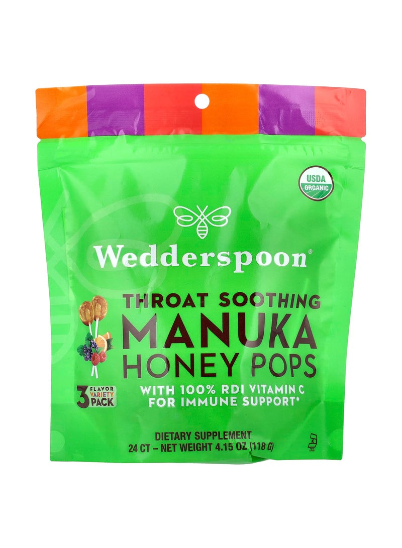 Throat Soothing Manuka Honey Pops, 3 Flavor Variety Pack, 24 Count, 4.15 oz (118 g)